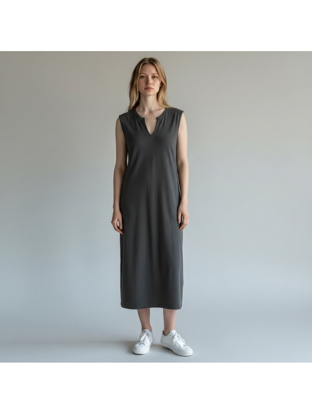 Eddie Bauer Dress Women M Medium Black Shift Midi V-Neck Sleeveless Belted